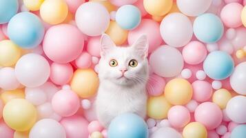 fluffy white cat sits amidst colorful array of pastel balls, creating playful and cheerful atmosphere. vibrant colors enhance cats bright eyes, making it delightful scene photo