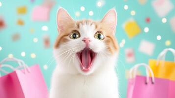 Happy cat with open mouth surrounded by colorful shopping bags, creating joyful and playful atmosphere. vibrant background enhances cheerful mood photo