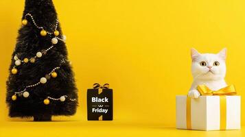 festive scene featuring white cat sitting on gift box beside decorated Christmas tree, with sign indicating Black Friday. vibrant yellow background adds cheerful touch to holiday atmosphere photo