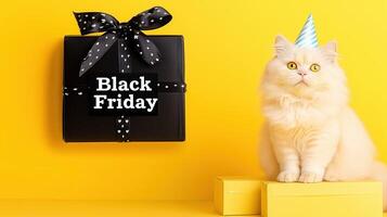 fluffy white cat wearing party hat sits beside gift box labeled Black Friday against bright yellow background, creating festive and playful atmosphere photo