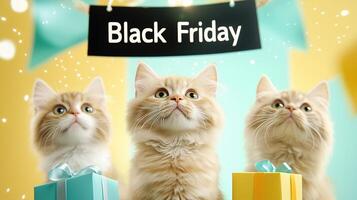 Three fluffy cats looking up with curiosity, surrounded by colorful gifts and festive Black Friday sign, creating cheerful and playful atmosphere photo