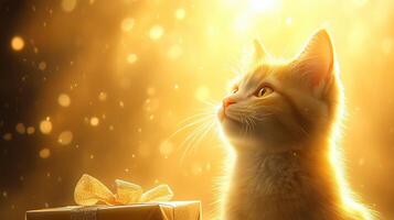 golden hued cat gazes thoughtfully at beautifully wrapped gift, surrounded by warm, glowing atmosphere filled with soft light and sparkles. scene evokes sense of wonder and joy photo