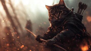 fierce feline archer stands ready in mystical forest, surrounded by smoky atmosphere and glowing embers. This captivating scene blends adventure and fantasy, showcasing brave cat in warriors attire photo