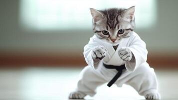 playful kitten dressed in karate uniform strikes fierce pose, showcasing its adorable yet determined spirit. This charming scene captures essence of fun and cuteness photo