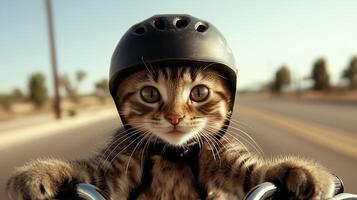 playful cat wearing helmet rides confidently on motorcycle, showcasing sense of adventure and fun. sunny road ahead adds to excitement of this unique scene photo