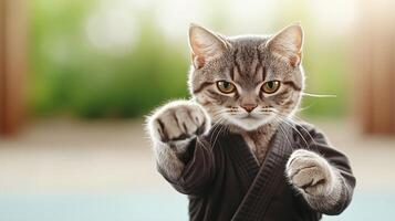 determined cat in karate uniform showcases its martial arts skills with focused expression. This playful scene captures essence of feline agility and strength photo