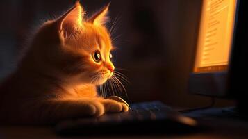 Curious orange kitten intently gazing at computer screen, illuminated by soft light, creating warm and engaging atmosphere photo