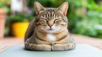 Calm and serene, this adorable cat rests peacefully on yoga mat, embodying tranquility and relaxation in lush green environment photo