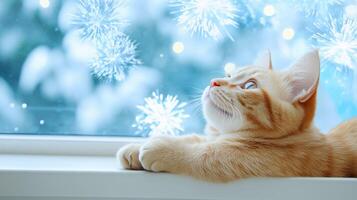 curious orange cat gazes out window, captivated by falling snowflakes and winter scenery. serene atmosphere evokes sense of wonder and tranquility photo