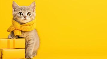 playful gray kitten wearing bright yellow scarf sits beside yellow gift boxes against vibrant yellow background, exuding cheerful and festive vibe photo