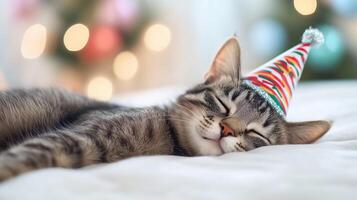 sleeping cat wearing festive party hat, exuding sense of joy and tranquility. soft background adds to cheerful atmosphere, perfect for celebrations photo