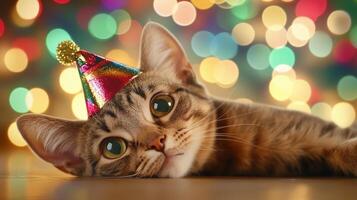 playful cat wearing colorful party hat lies on wooden surface, surrounded by vibrant bokeh background. festive atmosphere adds joy and charm to scene photo