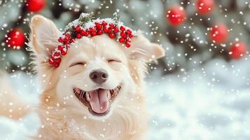 joyful dog wearing festive flower crown smiles in snowy landscape, surrounded by red ornaments and falling snowflakes, capturing essence of winter cheer photo