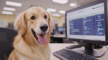 cheerful golden retriever sits at desk in office environment, looking curiously at computer screen. friendly dog adds warm and inviting atmosphere to workspace photo