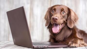 happy brown dog with blue eyes sits beside laptop, exuding playful and curious demeanor. warm tones of dogs fur complement neutral background, creating cheerful atmosphere photo