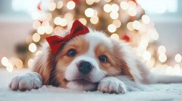 cute puppy with red bow rests on soft surface, surrounded by beautifully lit Christmas tree in background, evoking warm holiday spirit photo