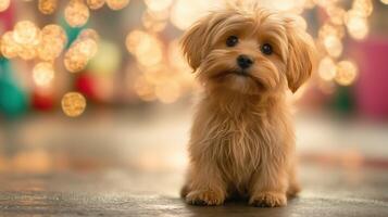 Adorable small dog with fluffy golden fur sitting on surface, surrounded by soft bokeh lights, creating warm and cheerful atmosphere photo