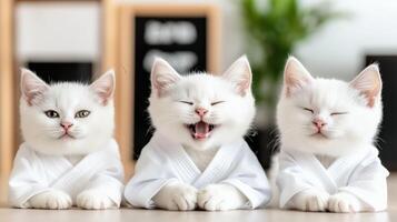 Three adorable white kittens dressed in karate uniforms sit side by side, showcasing their playful personalities. Their expressions range from yawning to contentment, creating charming scene photo