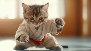 playful kitten dressed in karate uniform strikes cute pose, showcasing its tiny paws and determined expression. This adorable scene captures spirit of fun and martial arts photo