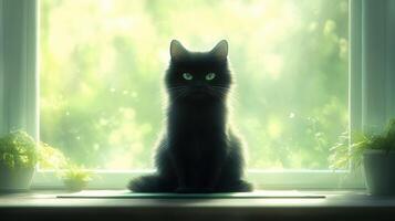 mysterious black cat sits gracefully in sunlit window, its striking green eyes captivating against soft, blurred background of greenery. serene atmosphere evokes sense of calm and wonder photo