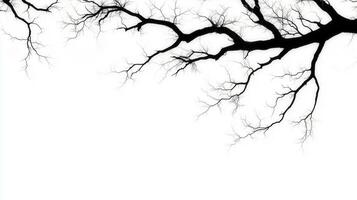 striking silhouette of bare tree branch against white background, showcasing intricate details of twigs and bark. This evokes sense of stark beauty and tranquility photo