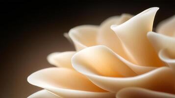 Delicate and intricate, this close up image showcases soft, flowing petals of flower, highlighting its elegant curves and subtle color gradients. warm tones create serene and inviting atmosphere photo