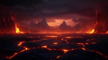 dramatic volcanic landscape with flowing lava and cracked earth, illuminated by fiery sunset. scene evokes sense of power and danger in surreal environment photo