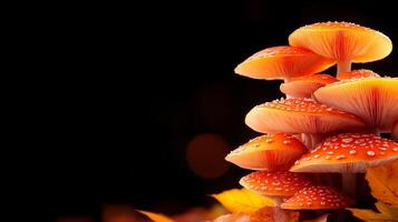 Vibrant orange mushrooms with droplets glisten against dark background, surrounded by autumn leaves, creating captivating and enchanting scene photo
