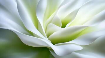 close up view of delicate white flower with soft, flowing petals that create serene and calming atmosphere. gentle gradients of green and white enhance its ethereal beauty photo