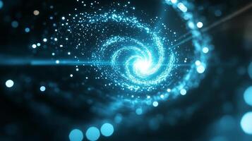 mesmerizing spiral galaxy with glowing blue particles and light beams creates sense of wonder and depth, evoking vastness of universe photo