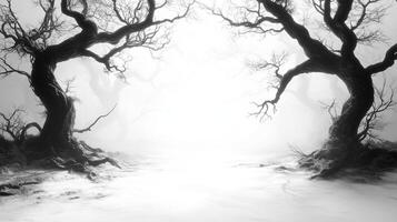 hauntingly beautiful landscape featuring twisted, gnarled trees emerging from misty, ethereal background. stark contrast between dark branches and bright fog creates mysterious atmosphere photo