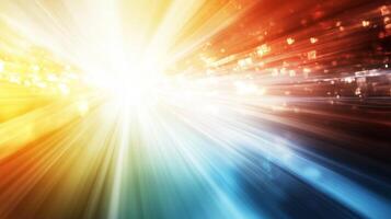 Bright rays of light burst through vibrant spectrum of colors, creating dynamic and energetic atmosphere. interplay of warm and cool tones evokes sense of movement and excitement photo