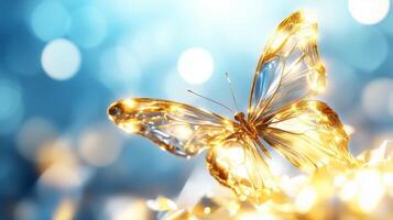 stunning golden butterfly gracefully flutters against dreamy blue background, radiating light and beauty. Its delicate wings shimmer, creating magical atmosphere filled with wonder and elegance photo