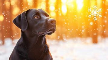 black dog gazes thoughtfully at falling snowflakes in sunlit forest, creating serene and magical winter atmosphere photo