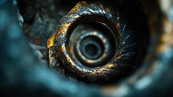close up view of spiral metal structure, showcasing intricate textures and sense of depth. metallic surface displays wear and age, evoking feeling of industrial history and craftsmanship photo
