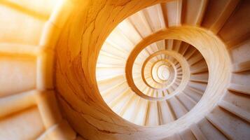 stunning spiral staircase with warm lighting creates captivating visual effect, drawing eye into its elegant curves and intricate design. soft textures and colors evoke sense of tranquility and photo