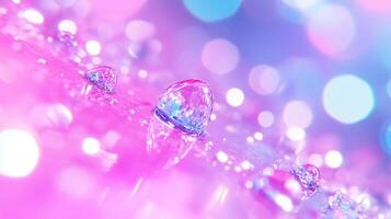 Vibrant water droplets glisten on colorful surface, creating dreamy atmosphere with soft bokeh effects. interplay of light and color evokes sense of tranquility and beauty photo