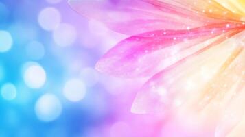 vibrant flower petal with gradient of pink, purple, and yellow hues, set against dreamy bokeh background. soft colors and sparkling effects create whimsical and enchanting atmosphere photo