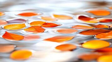 Floating orange leaves create serene and tranquil scene on waters surface, reflecting soft light and gentle ripples. vibrant colors enhance peaceful atmosphere photo