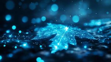 shimmering blue leaf rests on reflective surface, surrounded by glowing particles that create magical atmosphere. interplay of light and color evokes sense of wonder and tranquility photo