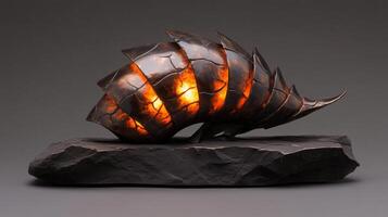stunning metallic sculpture resembling shell, featuring intricate, flame like patterns that glow warmly. This artistic piece is set on textured stone base, creating captivating contrast photo