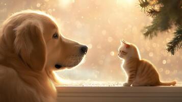 golden retriever and small orange kitten share tender moment, gazing at each other in warm, sunlit setting. soft glow creates serene atmosphere, highlighting their connection photo