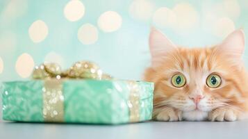 curious orange cat with bright green eyes peeks over beautifully wrapped gift, creating playful and festive atmosphere. soft bokeh background enhances cheerful mood photo
