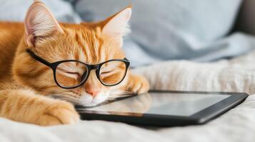 relaxed orange cat wearing glasses sleeps on tablet, creating cozy and charming scene. soft bedding adds to warm atmosphere photo