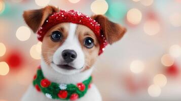 Adorable puppy wearing festive red hat and green collar, surrounded by colorful bokeh lights, exuding joyful holiday spirit photo