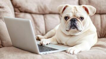 cute dog is lying on couch while using laptop, showcasing playful and curious expression. This scene captures charm of pets engaging with technology photo