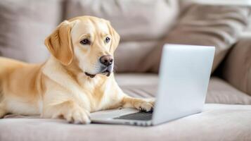 golden retriever dog is focused on laptop while lying on cozy sofa, showcasing curious and intelligent expression. This scene captures playful side of pets engaging with technology photo
