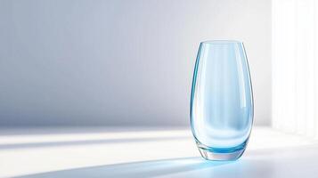 clear glass vase with modern design, reflecting light beautifully against soft background. elegant shape and subtle blue tint create serene atmosphere photo