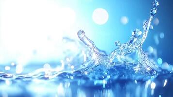 stunning close up of water splashes, capturing dynamic movement and clarity of droplets against vibrant blue background. image evokes sense of freshness and vitality photo