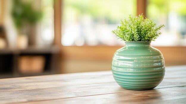 green ceramic vase with textured surface holds vibrant artificial plant, adding touch of greenery to cozy interior space. soft natural light enhances inviting atmosphere photo
